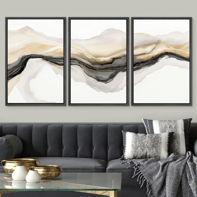 Smoke Effect " Gold Gray Smoke Wave Landscape Abstract Shapes Illustrations " 3 - Pieces