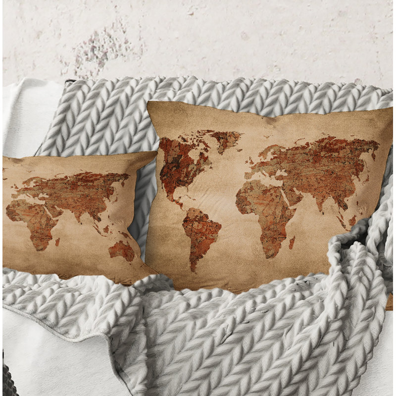 Carré, ancienne carte du monde VII - Coussin décoratif à imprimé rétro, 16" x 16"