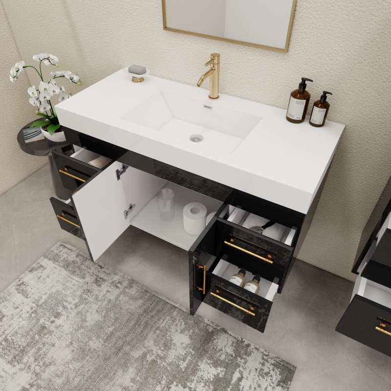 Ensemble de meuble-lavabo simple mural 47,2 "avec tiroirs et portes, Noir brillant