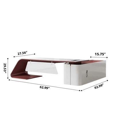 62.99"White and Red L-shape Executive Desk With a Side Cabinet and a Combination Lock