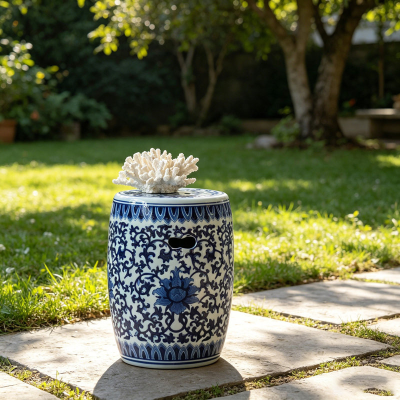 Tabouret de jardin en céramique, petit tabel latéral bleu et blanc, P 11 po x 16 po
