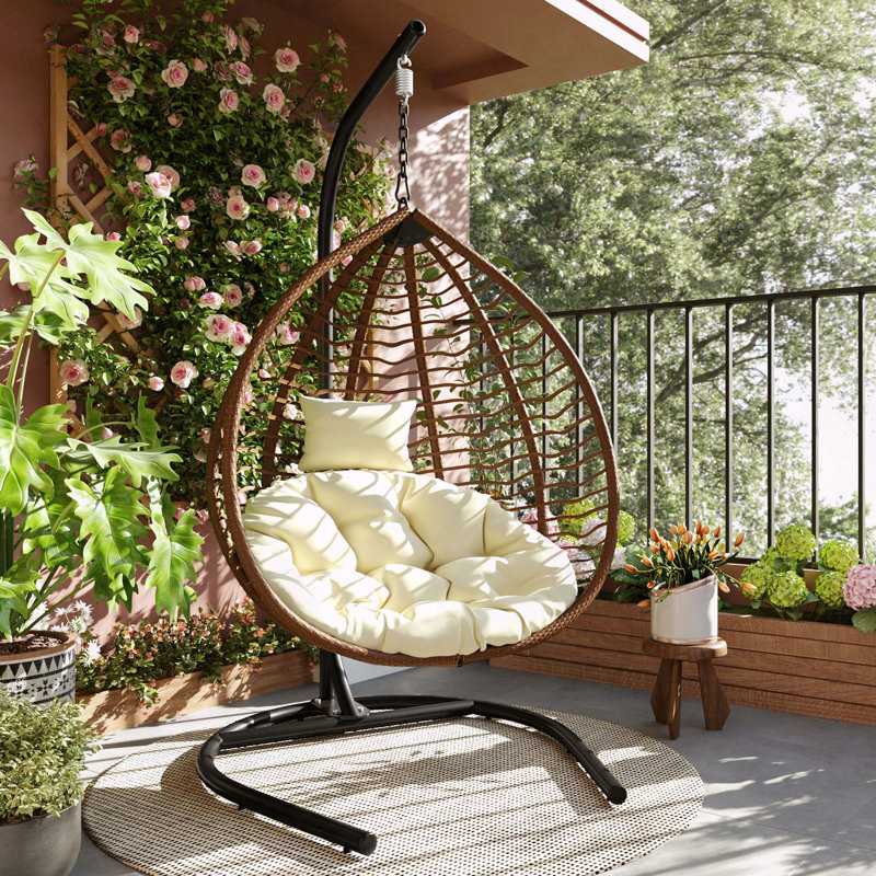 Hammock Chair Foldable Sturdy Frame Plush Cushion, Beige, Brown