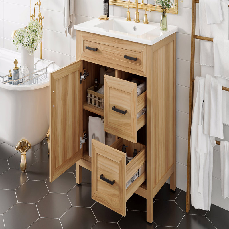 Meuble-lavabo de 30 po en bois avec structure en bois massif, 1 porte à fermeture douce, 2 tiroirs à fermeture douce, tablette réglable