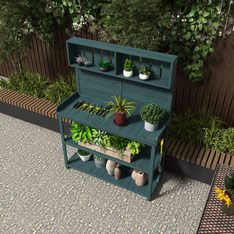 65" Large Rustic Outdoor Potting Bench Table, Forest Green