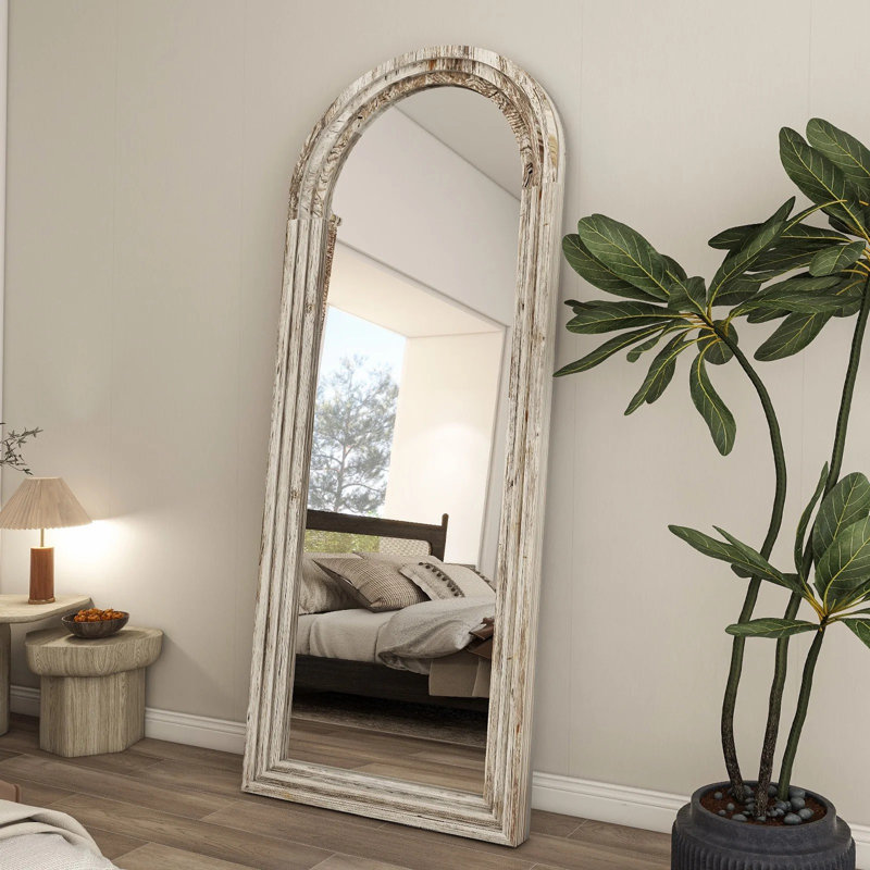 Miroir de plancher rectangulaire en bois arqué, Blanc, 65 po x 22 po