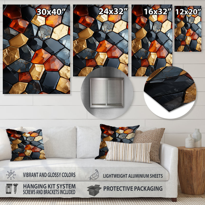 Carreaux de mosaïque cubiques dorés et bleus II - tuile abstraite, art mural en métal, H 20 po x l 12 po x P 1 po