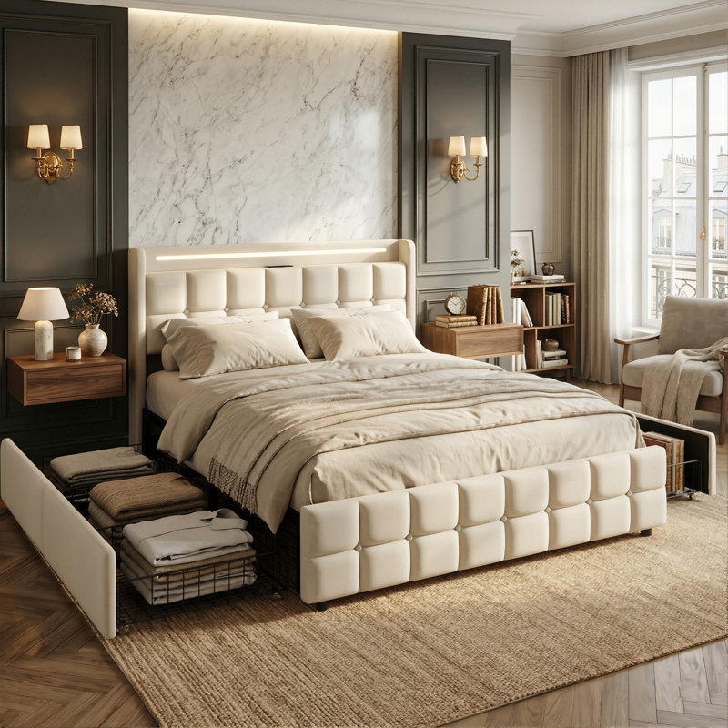 European King (160x200cm) Bed with LED Headboard, Upholstered Frame with 4 Storage Drawers & EU Sockets, Beige / Grey Linen 
