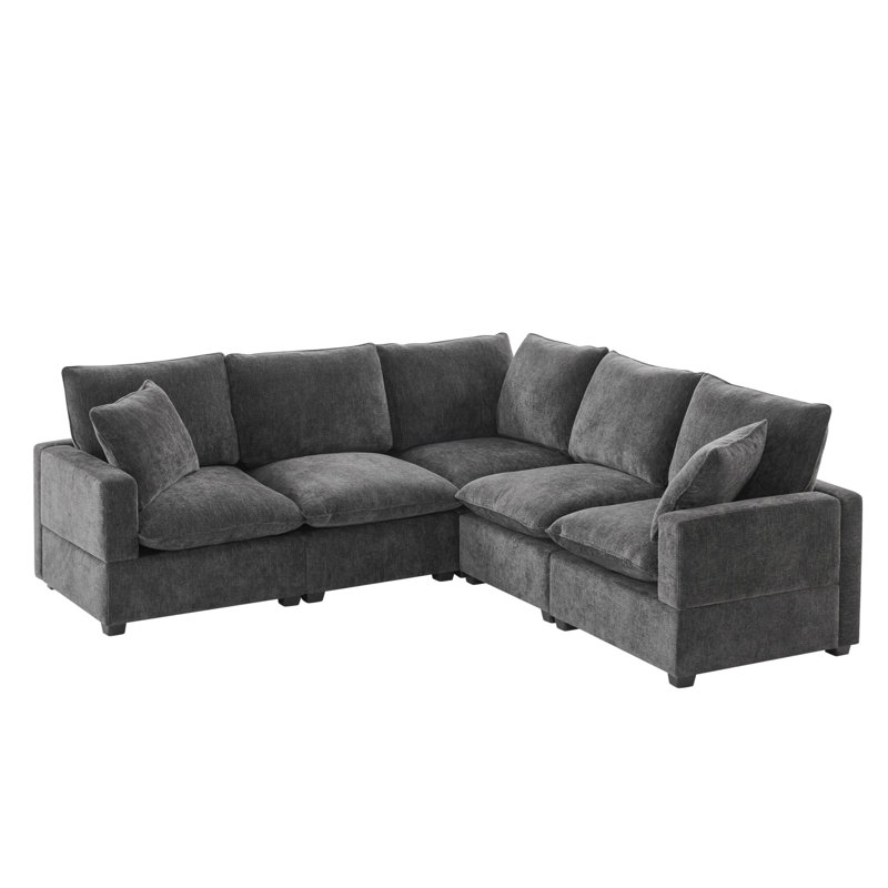 L Shape Modular Sofa, 5 Seat Chenille Sectional Couch Set with 2 Pillows Included,, Gray Chenille