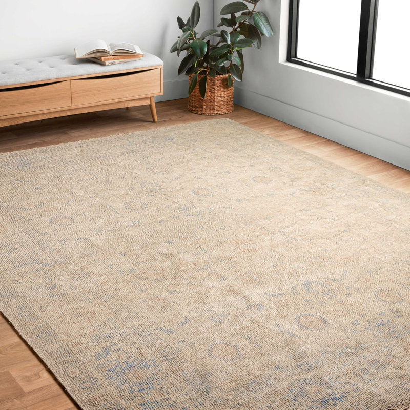 Tapis oriental bleu / naturel tissé à plat à la main Amanda, Rectangle de 5 pi x 7 pi 6 po