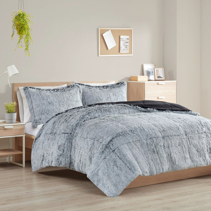 Édredon simple / simple TG avec fourrure à poils longs gris - rembourré, doux, inclus et 2 taies décoratives, crée une atmosphère de chambre à coucher relaxante