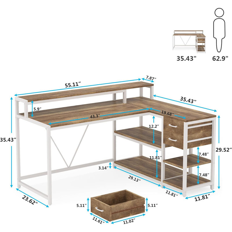 Bureau à domicile en L de 55 pouces avec support pour écran, Brun / Blanc