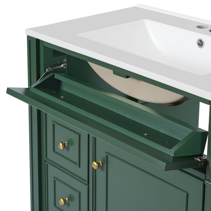 Meuble-lavabo autoportant de 30 po avec lavabo, meuble-lavabo sur pied et armoire de salle de bain, Vert/doré