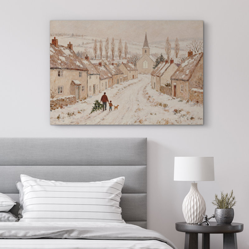 «Vintage Snowy Village with Father and Child Carrying Christmas Tree», reproduction d'art sur toile, H 32 po x l 48 po