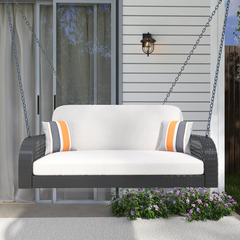 Balancelle pour 2 personnes en osier avec chaînes et coussins, Noir / Beige