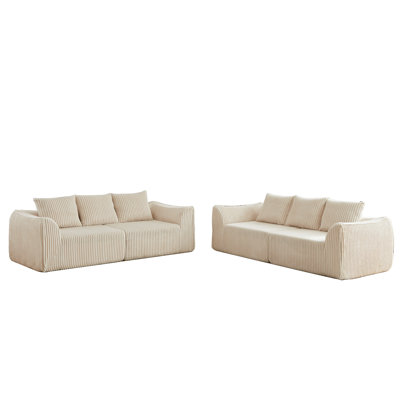 Minimalist 3+3 Seater Corduroy Sofa Set with Curved Lines, Gently Sloped Backrest, and 6 Horn-Shaped Throw Pillows