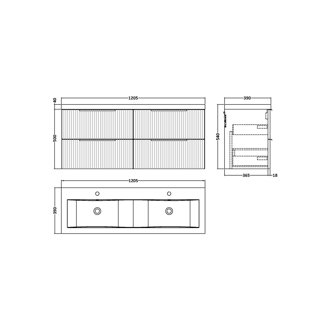 Fluted 383mm Double Bathroom Vanity with Drop In Vitreous China Basin