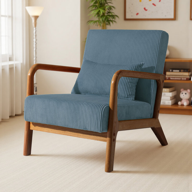 Fauteuil d'appoint Jyrin Mid Century, Bois brun foncé, Velours côtelé bleu