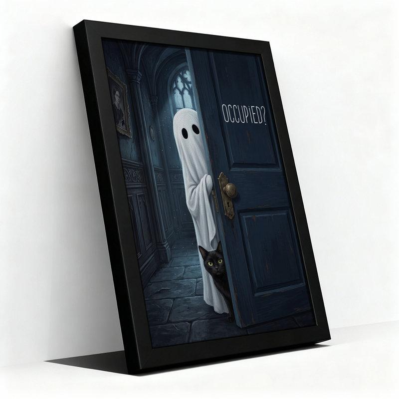 Art mural sur toile, "White Ghost" et chat noir derrière une porte bleue, H 30 po x l 20 po