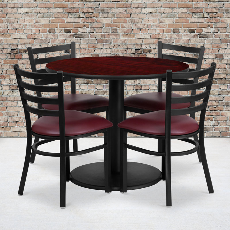 Neelam 36'' Round Laminate Table Set with Round Base and 4 Ladder Back Metal Chairs, Mahogany, Burgundy