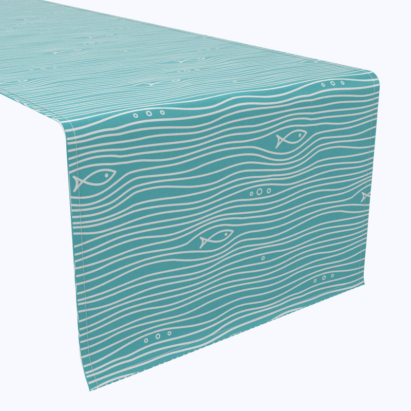 Table Runner, 100% Cotton, 16X108", Simple Fish In Waves, 90" L x 16" W