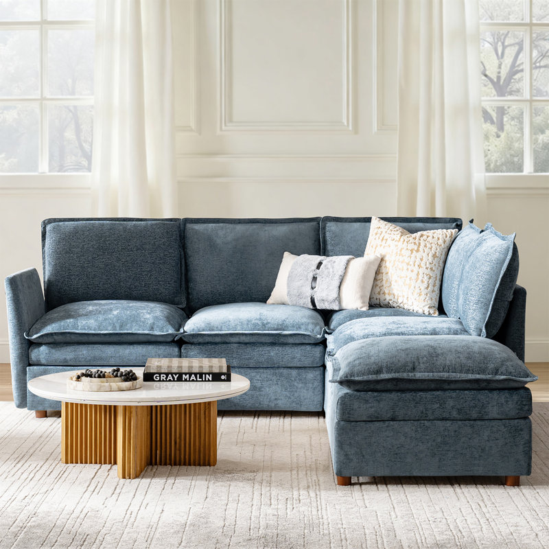 Cashin 97.5“ Modern Oversized Double-Layer Cushion Storage Sectional Sofa with Extendable Foot Pedal, Blue Polyester