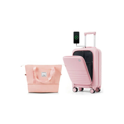 Front Opening 20-Inch Carry-On Luggage with Expandable Travel Bag Set, ABS Hard Shell Two-piece suitcase set with USB Port , Cup Holder