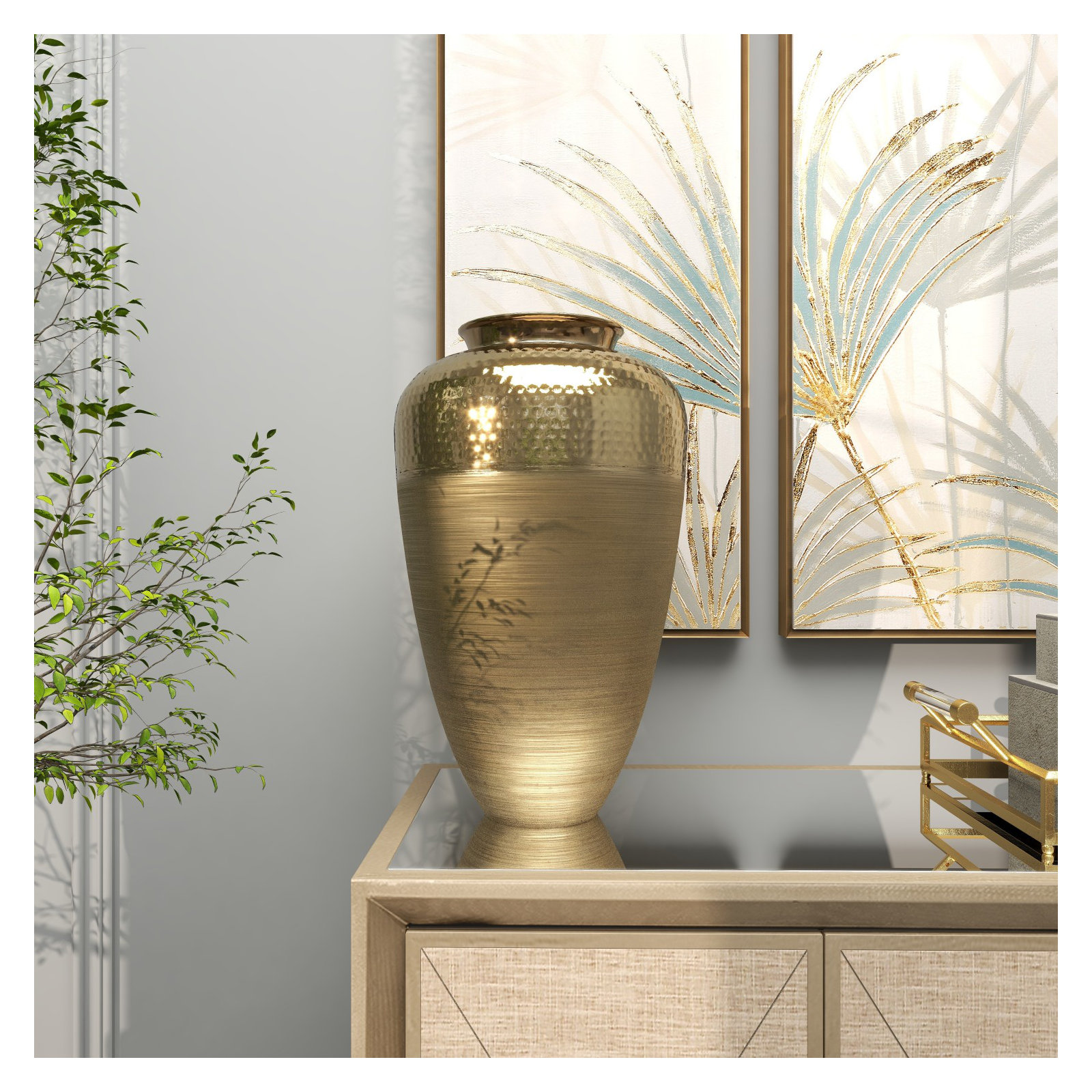 Aluminum Metal Brushed Decorative Gold Vase with Hammered Top, 19.8" H x 12" W x 11.95" D