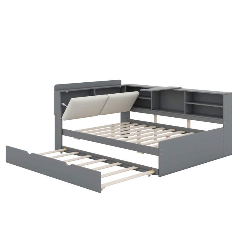 Lit plateforme double avec lit gigogne, tablettes et tête de lit, Gris