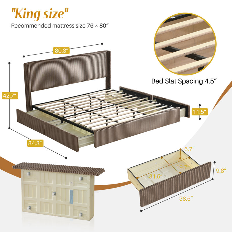Upholstered Wingback Bed With 4 Storage Drawers, King, Brown