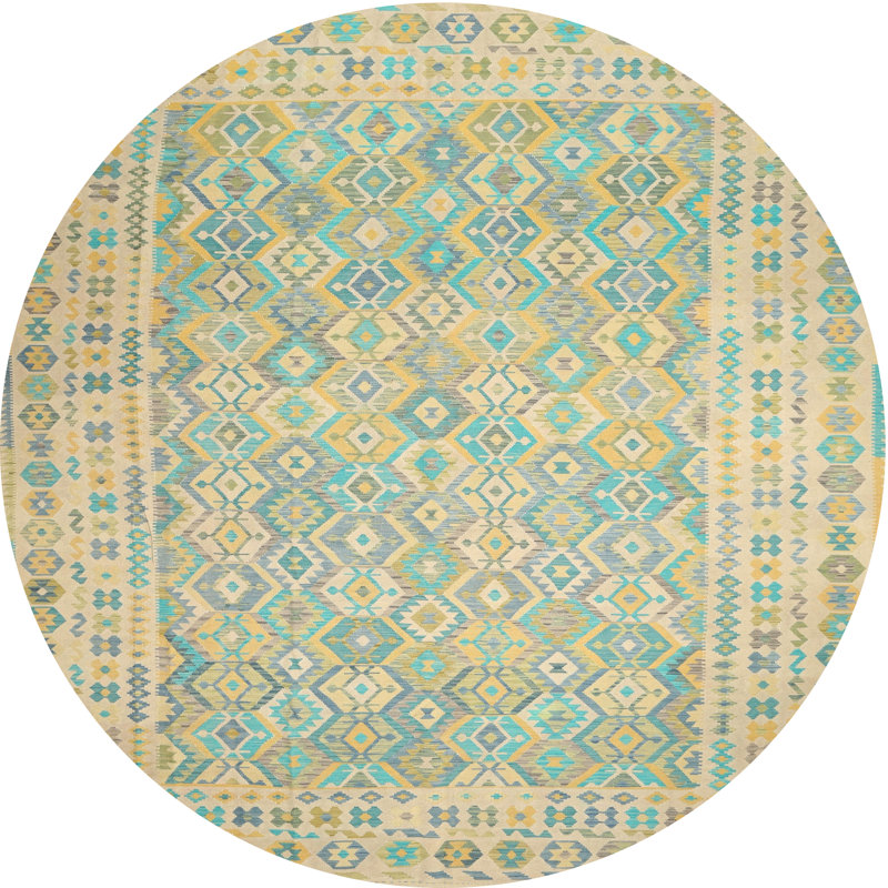Tapis contemporain beige / vert, Rond 5 pi