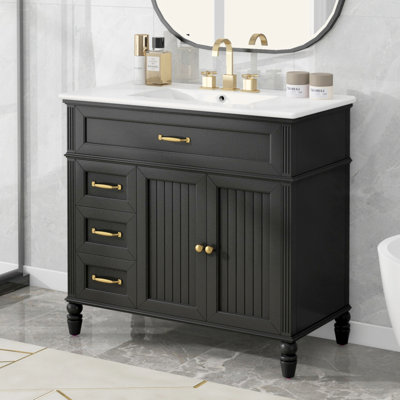 Meuble-lavabo 36 po avec lavabo, armoire de salle de bain avec tiroirs, cadre solide et panneau de fibres à densité moyenne, un paquet
