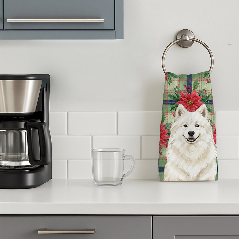 Cream Samoyed Christmas PoinsettIas Kitchen Towel, Cream Samoyed