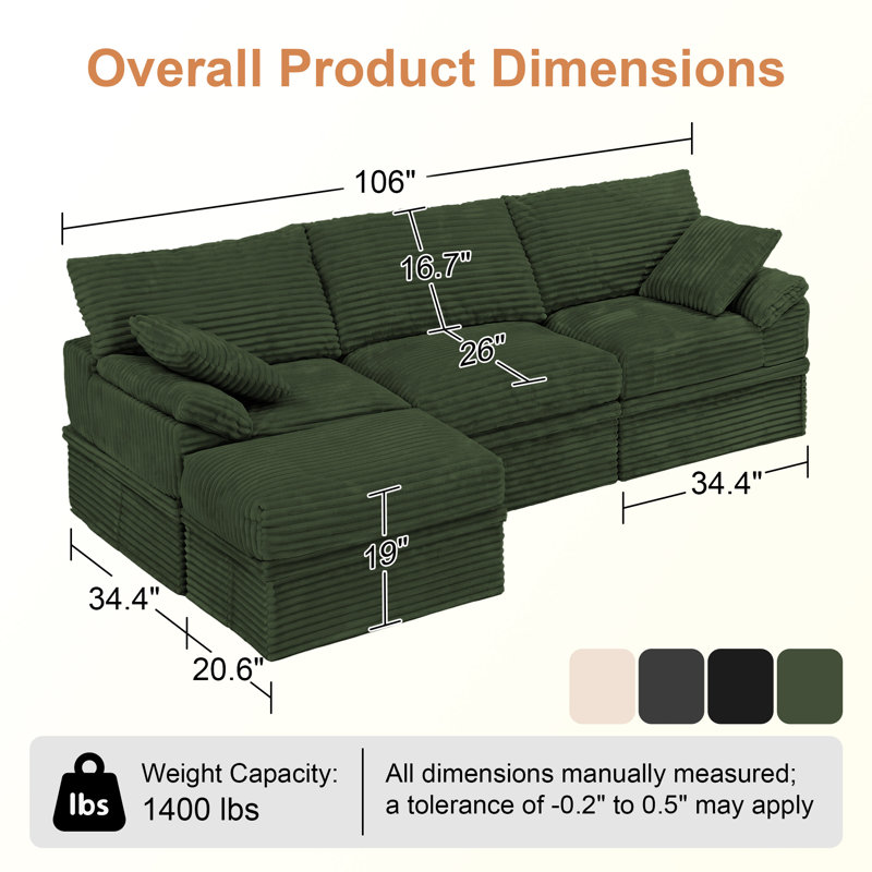 Canapé d'angle modulaire en velours côtelé 4 pièces de 269 cm (106 po) avec rangement dissimulé et pouf, canapé infonuagique extra profond pour salon