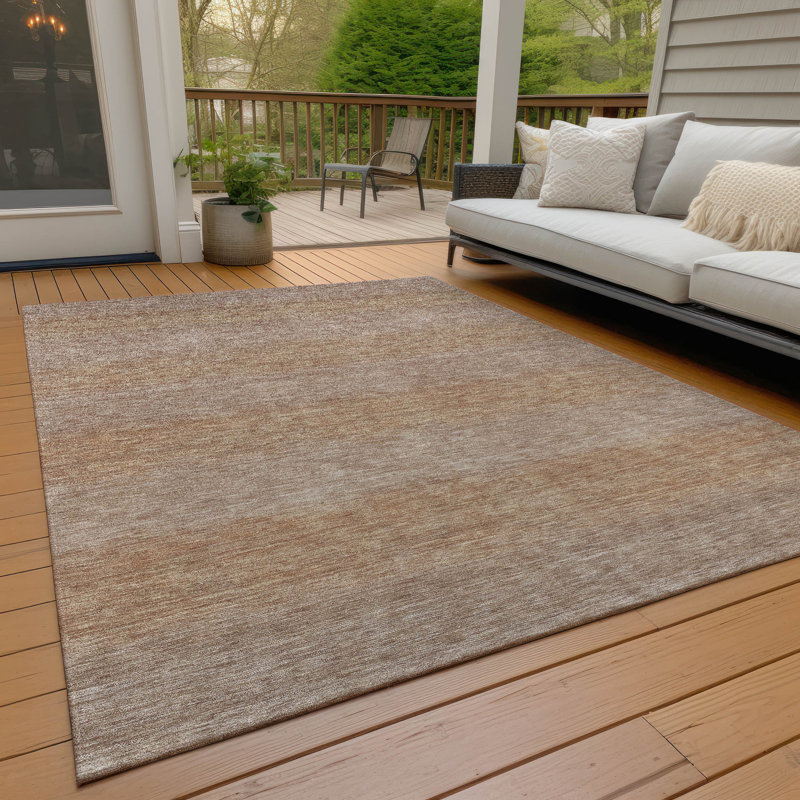 Machine Washable Beige Ombre Striped Synthetic Rug