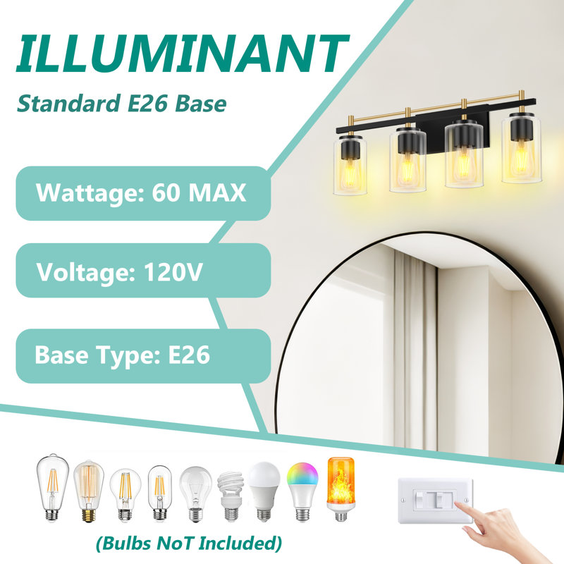 4-Light Modern Bathroom Vanity Light | Black And Gold Finish With Clear Glass Shades, 4 Lights, Black-Gold