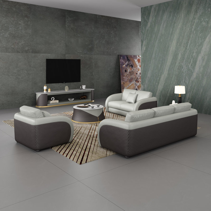 Noir 3 - Piece Living Room Set, Gray/Chocolate Genuine Leather