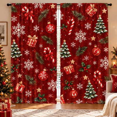 2 pièces de rideaux sur le thème des Fêtes de Noël, fond rouge festif avec des flocons de neige, des cannes de bonbon, des arbres, des ornements et des boîtes-cadeaux, tissu filtrant la lumière pour la protection de la vie privée, conception à passe-tringle, lavable à la machine, salon parfait, chambre à coucher