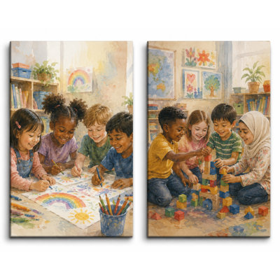 Grand ensemble de 2 reproductions d'art sur toile pour activités en classe pour enfants, divers enfants apprenant des œuvres d'art pour la salle de jeux préscolaire, garderie, impression sur toile 16 x 24 pouces - prête à être accrochée
