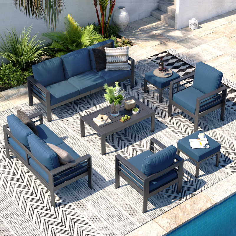 Charlsa Power Coated Aluminium 9 - Person Seating Group with Cushions, Blue, Black