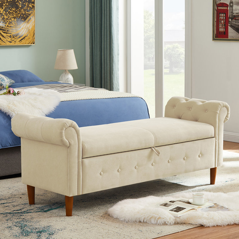 Verdon Linen Blend Upholstered Bench with Flip Top, Beige