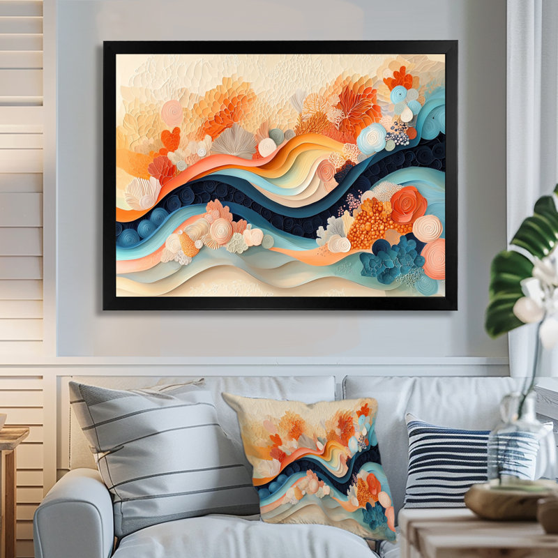 Abstrait corail vagues océaniques de l'éternité V - corail, art mural, H 30 po x l 40 po, Floater Framed, Noir