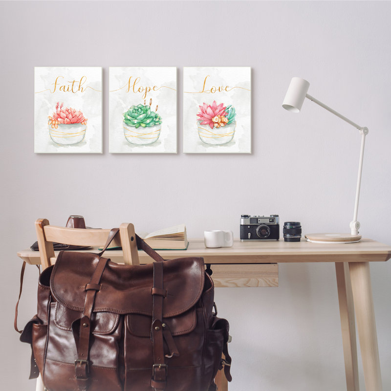 Charmantes plantes succulentes «Faith Hope Love», Plaque murale, H 10 po x l 45 po