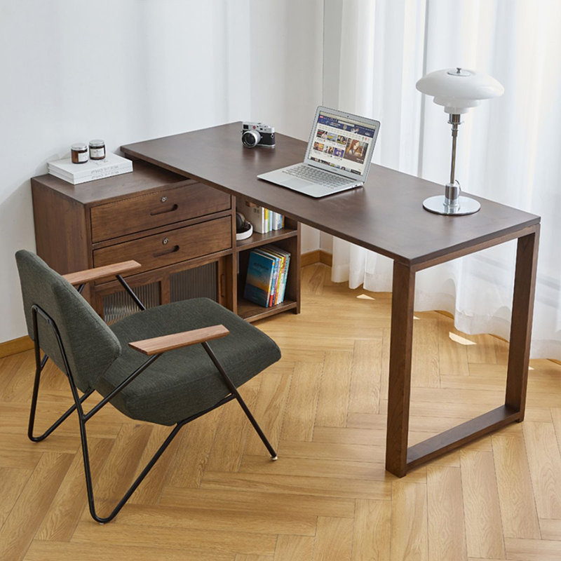 Bureau en bois massif en forme de L brun noyer + verre avec bureau à 2 tiroirs, Orienté à gauche (vu de face)