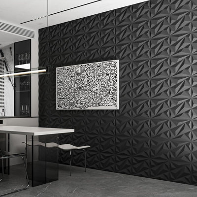 Paquet de 33 panneaux muraux en losange 3D pour décoration murale d'intérieur, panneau en PVC texturé fleur pour salon, chambre à coucher, bureau d'hôtel, noir, 12 po x 12 po, couverture 32 pi.