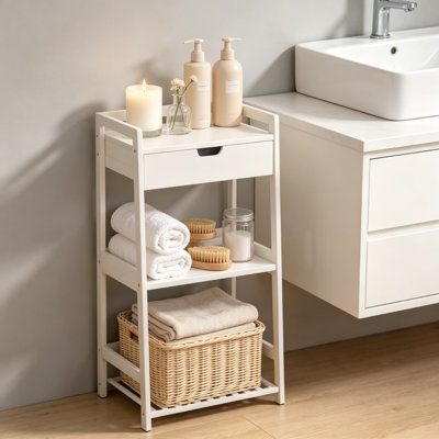 Étagère de salle de bain à 3 niveaux en bambou avec tiroir, échelle pour rangement dans la salle de bain, table de chevet peu encombrante, unité de rangement polyvalente pour le salon, la cuisine et le bureau personnel