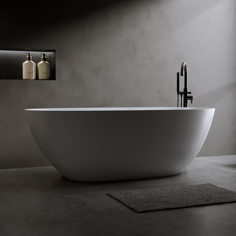 Baignoire de trempage autoportante en résine de 61 po à surface solide avec trop-plein et bonde escamotable blanche 61 po
