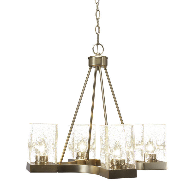 Lustre suspendu 4 lumières Karson avec verre carré transparent de 4 po, Laiton New Age