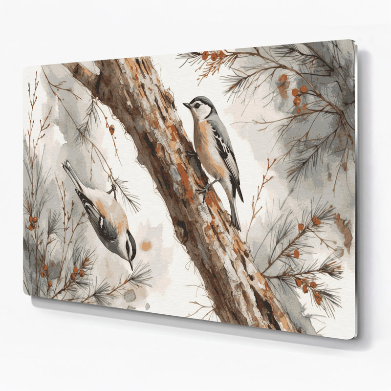 Oiseaux, art mural en métal gris sittelle à poitrine blanche, H 11 po x l 14 po