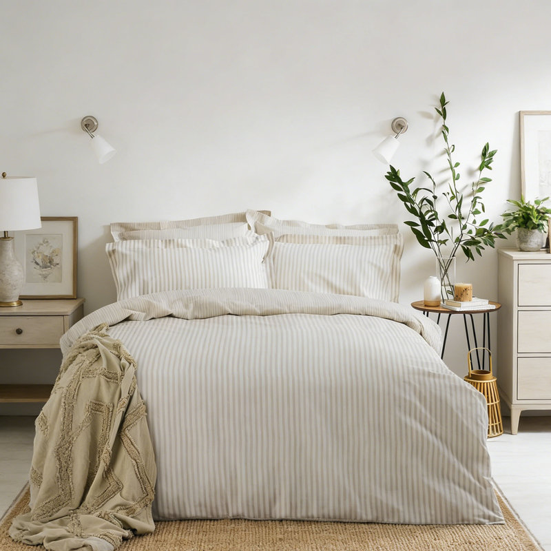Floral Duvet Cover Set, Grey/Beige Striped, Kingsize Duvet Cover + 2 Pillowcases