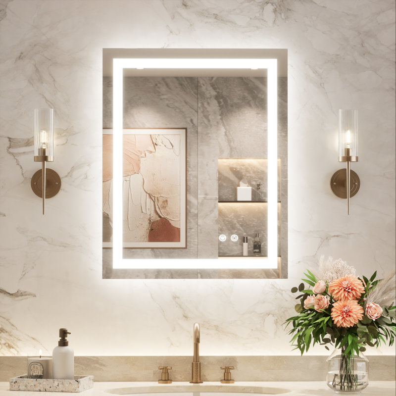 Miroir de meuble-lavabo à fixation murale avant et rétro-éclairé Cardier avec réglage en 3 couleurs, incassable, verre trempé